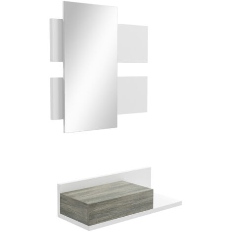 Armoire couloir 2-en-1 avec miroir mural 75x3,5x75 cm et tiroir 75x30,5x20 cm, ensemble de couloir en MDF et verre, gris et blanc