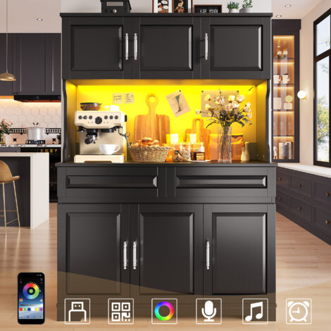 Armoire cuisine 108x40x180 cm noir commande app,étagères ajustables,plan de travail et éclairage LED cuisine salle à manger buffet.