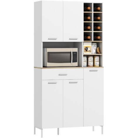 Armoire cuisine, étagères ouvertes, porte-vin, 5 portes, MDF, blanc