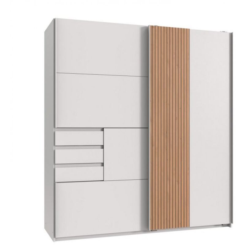 Armoire CYBORG 2 portes coulissantes 3 tiroirs décor blanc rechampis aspect clayettes chêne artisan