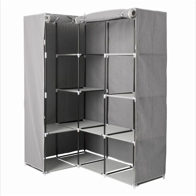 5five Simply Smart - Armoire d'angle en métal et tissu gris avec douze étagères 131x87,5x h169 cm
