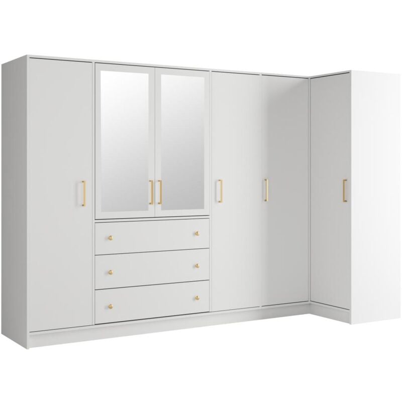 Vente-unique - Armoire d'angle 6 portes et 3 tiroirs - Avec miroirs - L311 cm - Blanc - lizandro