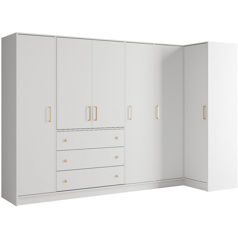 Vente-Unique – Armoire d'angle 6 portes 3 tiroirs – Longueur 311 cm – Blanc – Panneau de particule mélaminé – Mécanisme soft close
