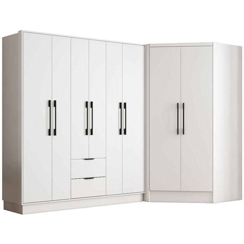 Armoire d'angle 8 portes et 2 tiroirs - L263 cm - Blanc - FEOVA