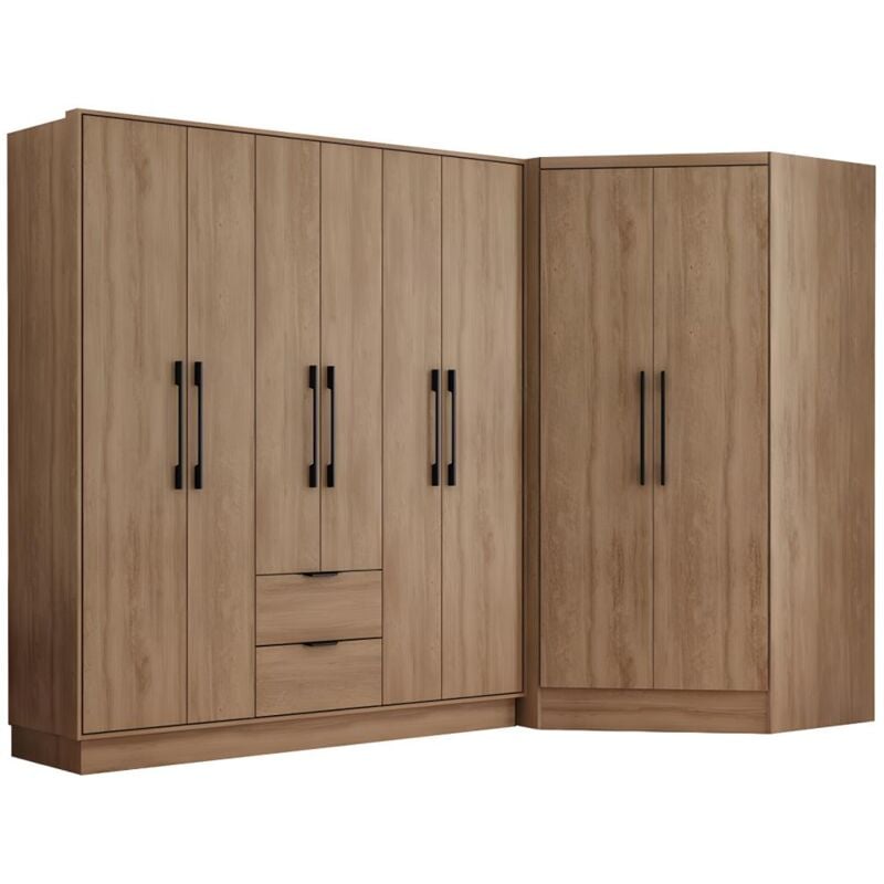 Armoire d'angle 8 portes et 2 tiroirs - L263 cm - Coloris : Naturel - feova