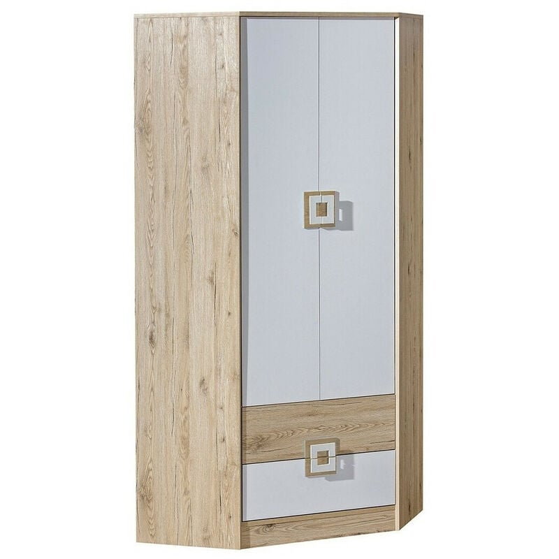 Mobilier1 - Armoire d'angle Tolfere 102, Chêne clair + Blanc, 190x87x87cm, Portes d'armoire: Avec des charnières, Nombre d'étagères: 0