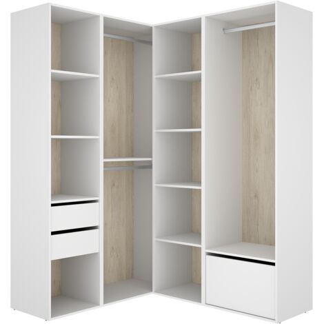 Armoire d'angle dressing ouvert avec 2 penderies, 2 tiroirs, 9 compartiments de rangement et 1 porte chaussures - Hauteur 204,5 x Longueur 124 x Profondeur 144,5 cm
