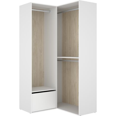 Armoire d'angle dressing ouverte avec 2 penderie et une porte chaussures, coloris blanc/naturel - Hauteur 204,5 x Longueur 105 x Profondeur 104,5 cm