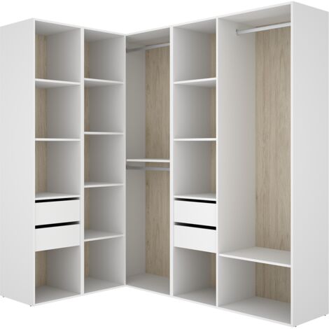 Armoire d’angle dressing ouverte avec 2 penderies, 4 tiroirs et étagères de rangement - Hauteur 204,5 x Longueur 124 x Profondeur 186,3 cm