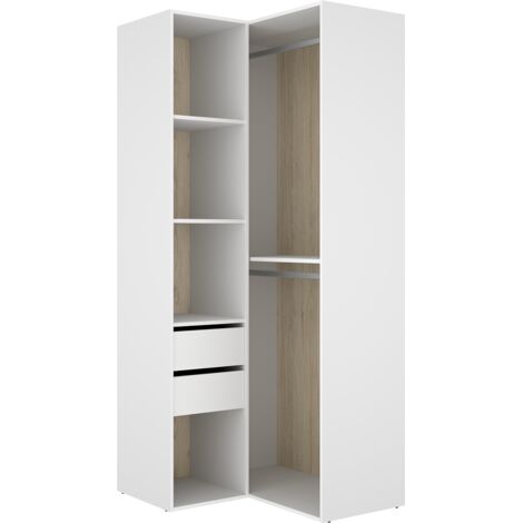 Armoire d'angle dressing ouverte avec penderie de 2 tringles, 4 étagères et 2 tiroirs, coloris blanc/naturel - Hauteur 204,5 x Longueur 84,5 x Profondeur 104,5 cm