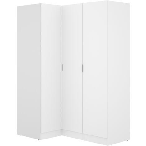 Armoire d'angle, meuble de rangement en bois mélaminé coloris blanc - Longueur 133 x Profondeur 90 x Hauteur 184 cm