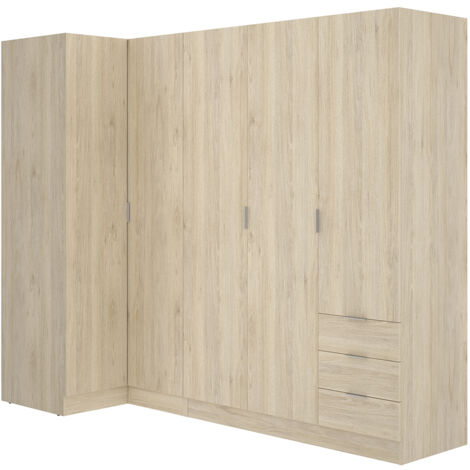 Armoire d'angle, meuble de rangement en bois mélaminé coloris chêne naturel - Longueur 213 x Profondeur 90 x Hauteur 184 cm