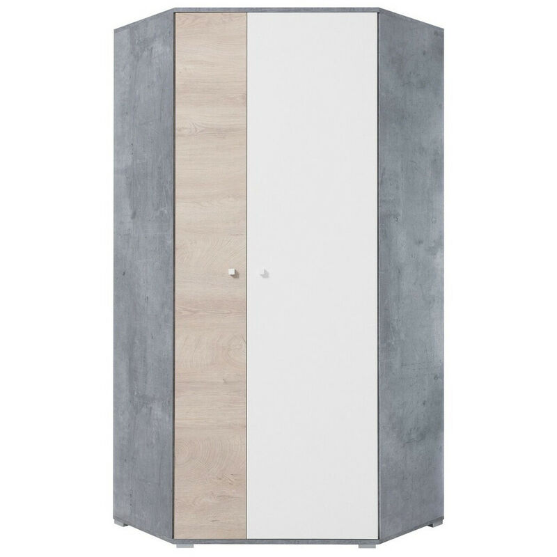 mobilier1 - armoire d'angle omaha j101, béton + blanc + chêne, 190x90x90cm, portes d'armoire: avec des charnières - béton + blanc + chêne