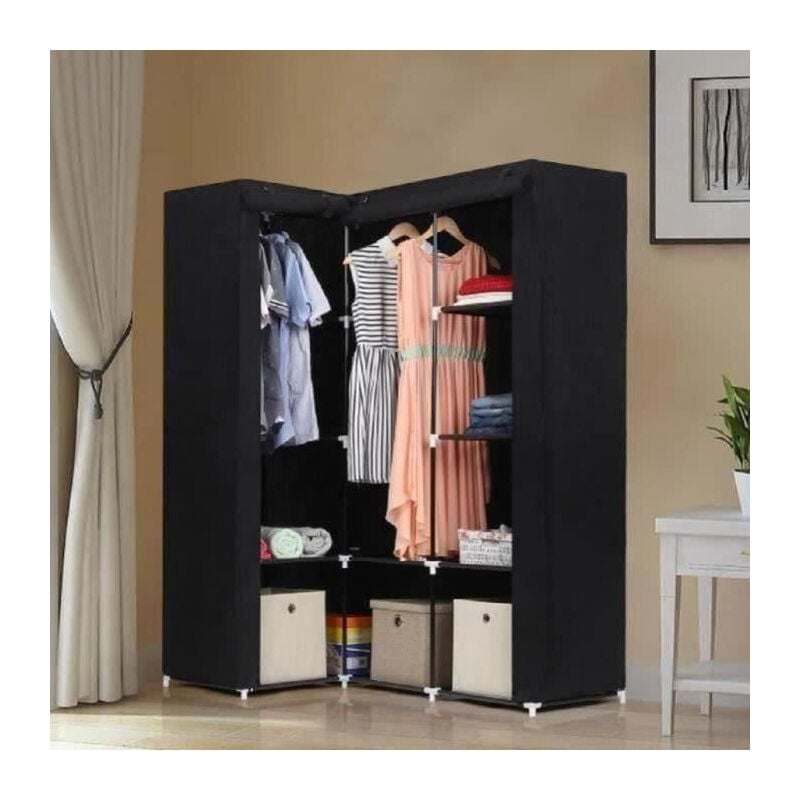 Hofuton Armoire d'Angle Penderie Dressing en Textile Non-tissé 129 x 87 x 169cm Noir