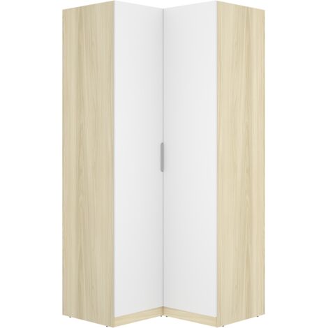 Armoire d'angle placard de rangement à 2 portes battantes, coloris blanc/Chêne clair - Hauteur 203,5 x Longueur 95 x Profondeur 97 cm