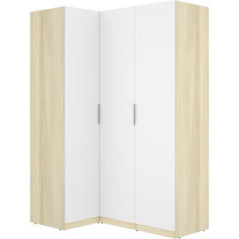 Armoire d'angle placard de rangement à 3 portes battantes, coloris blanc/Chêne clair - Hauteur 184 x Longueur 142,4 x Profondeur 95 cm