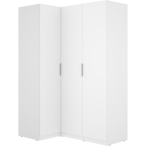 Armoire d'angle placard de rangement à 3 portes battantes, coloris blanc - Hauteur 203,5 x Longueur 142,4 x Profondeur 95 cm