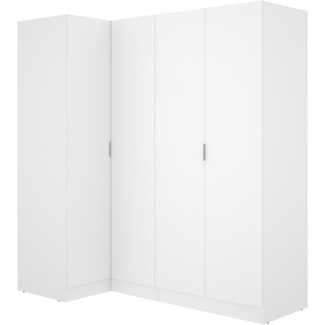 Armoire d'angle placard de rangement à 4 portes battantes, coloris Blanc - Hauteur 184 x Longueur 173,5 x Profondeur 90,5 cm