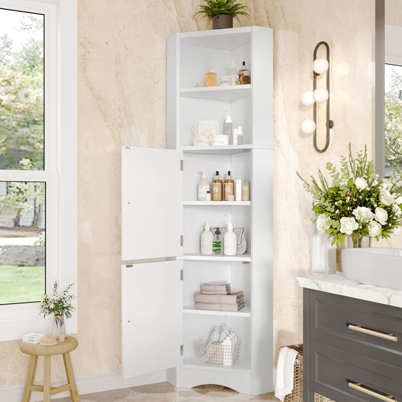 Armoire d'angle salle de bain avec 2 portes + 2 niches ouvertes, étagères réglables, MDF laqué blanc, 51,7x32x155,4 cm
