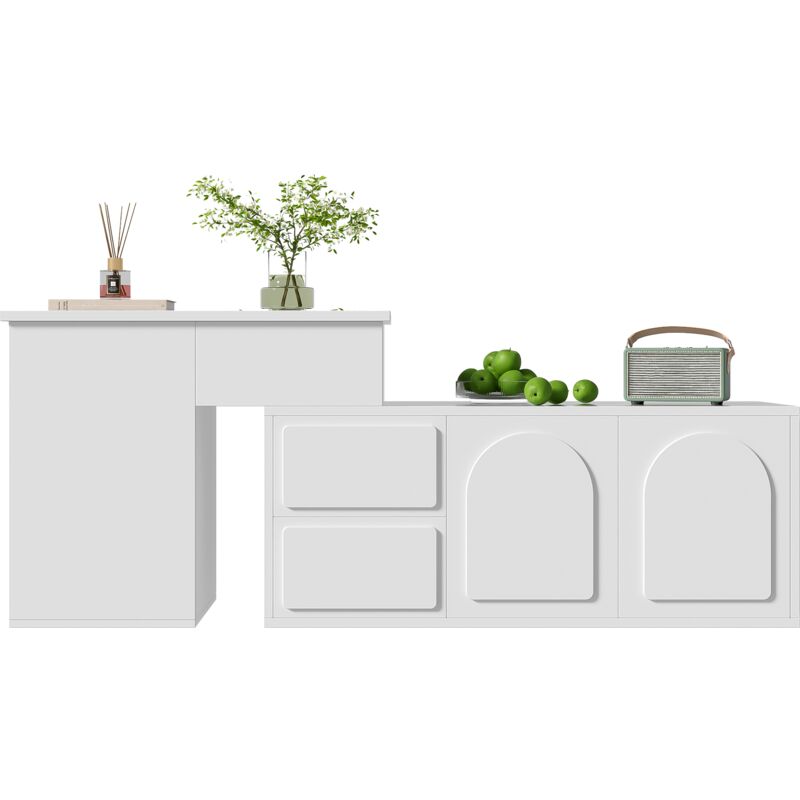 Okwish - Armoire d'appoint blanche multifonctionnelle avec 2 tiroirs, table réglable en hauteur, éclairage réglable en 16 couleurs, étagères et