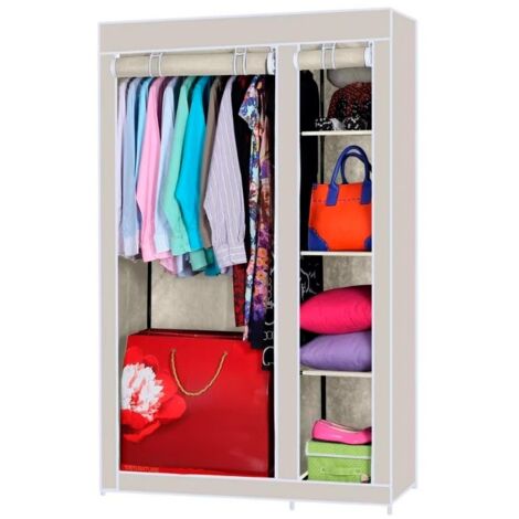 Armoire d'appoint en toile tissu avec barre de penderie beige 2 portes 4 étagères enroulables 175x110 cm