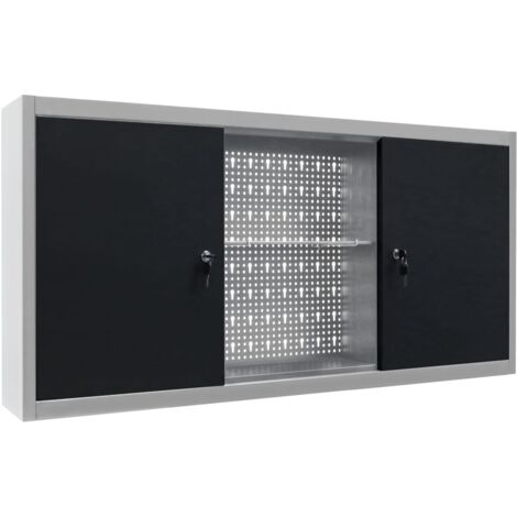 Armoire d'atelier murale métal gris et noir – 120 x 19 x 60 cm – 3 étagères réglables – 2 portes verrouillables avec clés – Inlife