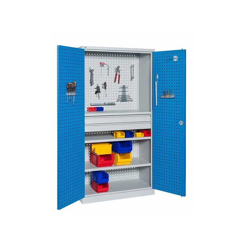 Armoire d'atelier perforée - 2 tiroirs et 2 étagères - Bleue et grise - W030080001-GCBI