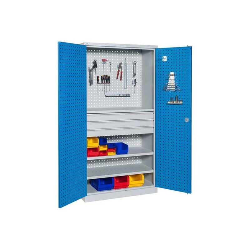 Armoire d'atelier perforée - 3 tiroirs et 2 étagères - Bleue et grise - W030080004-GCBI