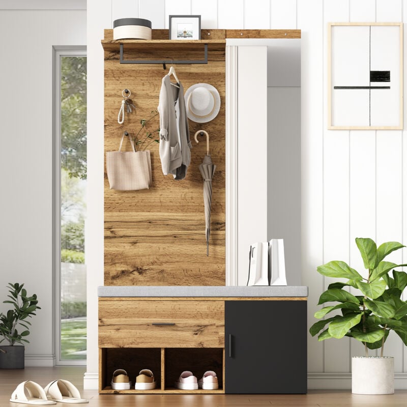 Armoire de 190 cm de hauteur aspect bois avec miroir, banc à chaussures (104 x 39 cm) avec rembourrage, armoire à chaussures, tiroir, étagère, patère