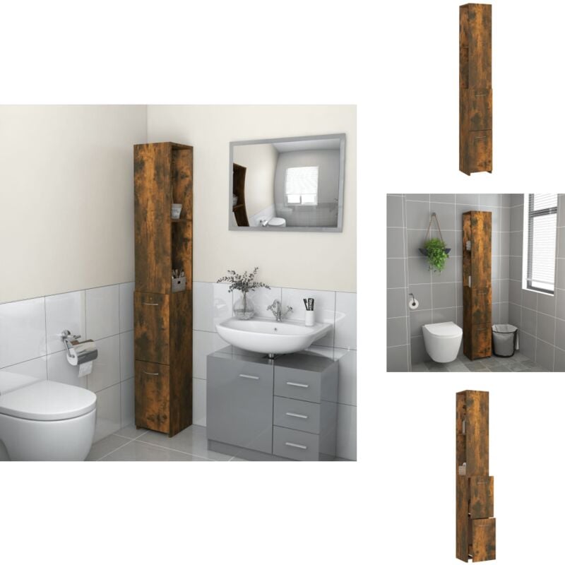 Armoire de bain chêne fumé 25x26,5x170 cm bois d'ingénierie - Meuble De Salle De Bain - Armoire De Salle De Bain - Rangement Salle De Bain - Meuble