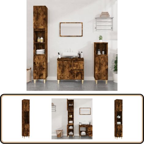 Armoire de bain chêne fumé 30x30x190 cm bois d'ingénierie - Meuble De Salle De Bain - Armoire De Salle De Bain - Rangement Salle De Bain - Commode Salle De Bain - Meuble Lavabo