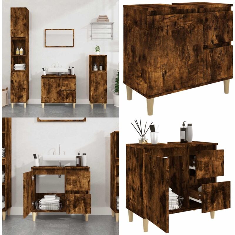 Armoire de bain chêne fumé 65x33x60 cm bois d'ingénierie - Meuble De Salle De Bain - Armoire De Salle De Bain - Rangement Salle De Bain - Commode