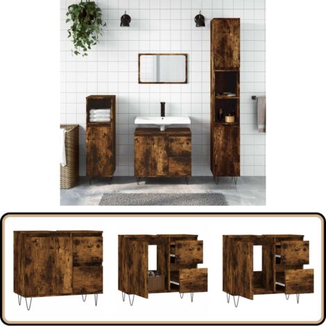 Armoire de bain chêne fumé 65x33x60 cm bois d'ingénierie - Meuble De Salle De Bain - Armoire De Salle De Bain - Rangement Salle De Bain - Commode Salle De Bain - Design Industriel