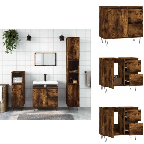 Armoire de bain chêne fumé 65x33x60 cm bois d'ingénierie - Meuble De Salle De Bain - Armoire De Salle De Bain - Rangement Salle De Bain - Commode Salle De Bain - Design Industriel