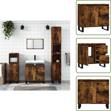 Armoire de bain chêne fumé 65x33x60 cm bois d'ingénierie - Meuble De Salle De Bain - Armoire De Salle De Bain - Rangement Salle De Bain - Commode Salle De Bain - Design Industriel