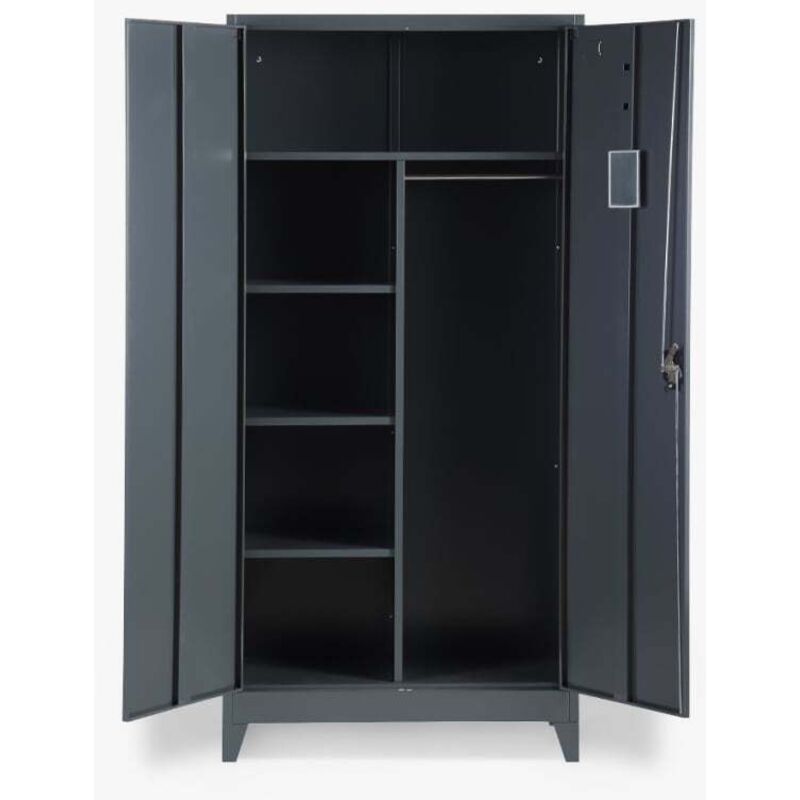 Armoire de bureau 2 portes 90x40 H180 cm en métal – Serrure à cylindre 3 points – Traitement anti-corrosion – Compartiment portemanteau avec miroir –