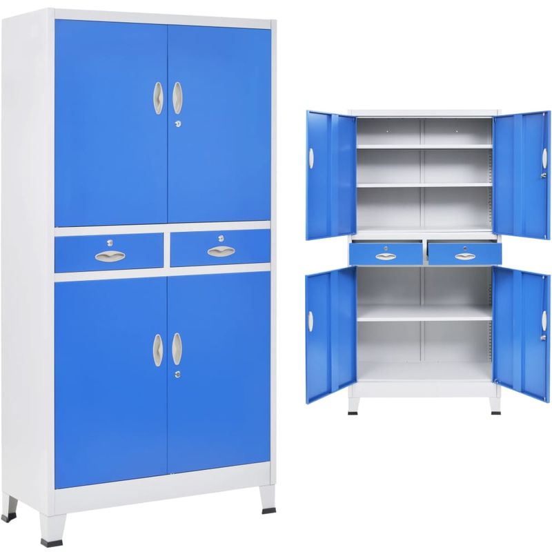 Armoire de bureau avec 4 portes Metal 90x40x180 cm Gris et bleu