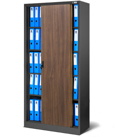 Armoire de bureau en métal avec portes coulissantes KUBA, 900 x 1850 x 400 mm, Eco Design: anthracite/ noyer