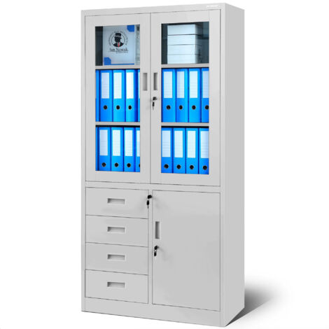 Armoire de bureau vitrée avec tiroirs WIOLA, 900 x 1850 x 400 mm, gris