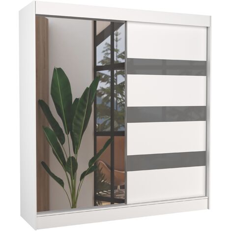 Armoire de chambre 1 porte blanche et grise laquée 1 porte miroir Voka - 3 tailles-Largeur 200 cm