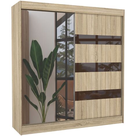 Armoire de chambre 1 porte bois clair et marron laqué 1 porte miroir Voka - 3 tailles-Largeur 200 cm