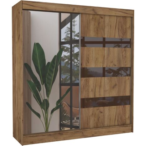 Armoire de chambre 1 porte bois marron et marron laqué 1 porte miroir Voka - 3 tailles-Largeur 200 cm