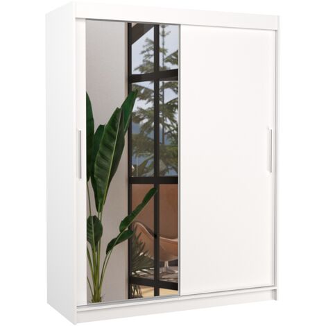 Armoire de chambre 2 portes coulissantes 1 blanche 1 miroir Bianky 150cm