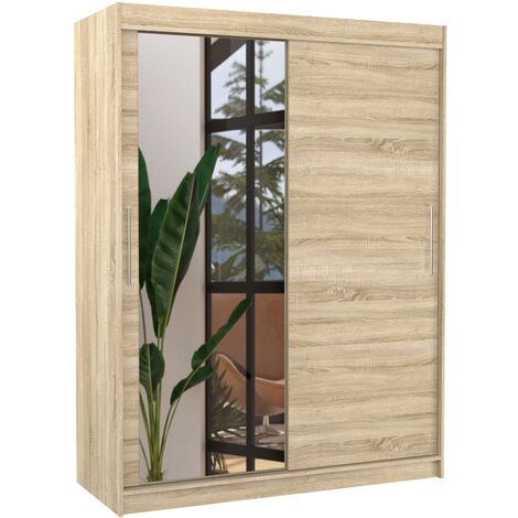 Armoire de chambre 2 portes coulissantes 1 bois clair 1 miroir Bianky 150cm