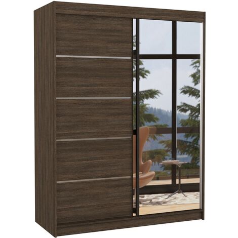Armoire de chambre 2 portes coulissantes 1 bois foncé et 1 miroir Limka 150cm