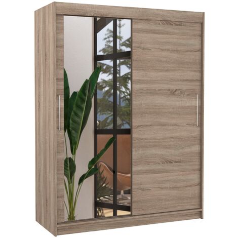 Armoire de chambre 2 portes coulissantes 1 bois truffe 1 miroir Bianky 150cm