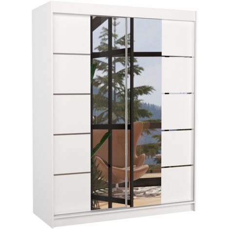 Armoire de chambre 2 portes coulissantes bois blanc et miroir Norka 150cm