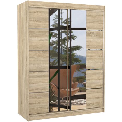 Armoire de chambre 2 portes coulissantes bois clair et miroir Norka 150cm