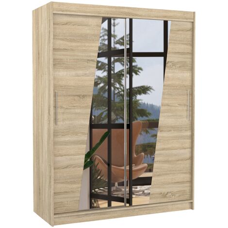 Armoire de chambre 2 portes coulissantes bois clair et miroirs en diagonale Bekone 150cm