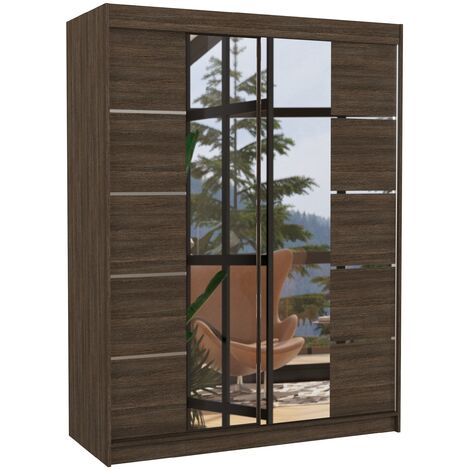 Armoire de chambre 2 portes coulissantes bois marron et miroir Norka 150cm